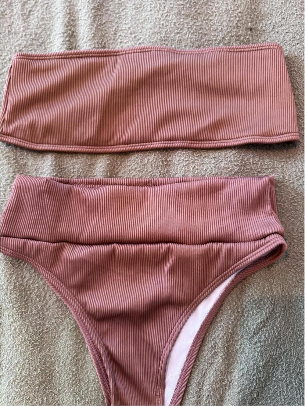 Ribbed Mauve Pink Bandeau Bikini Set